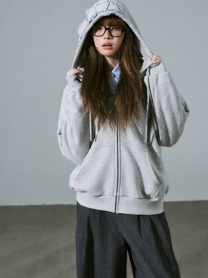 LOST FOREST - Mist Gray Bow Hooded Cardigan