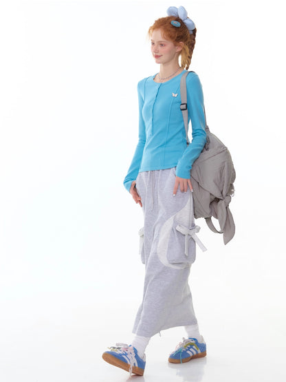 ZiziFei - 3D Ruched Knit Slim-Fit Long Sleeve Top – Butterfly Detail
