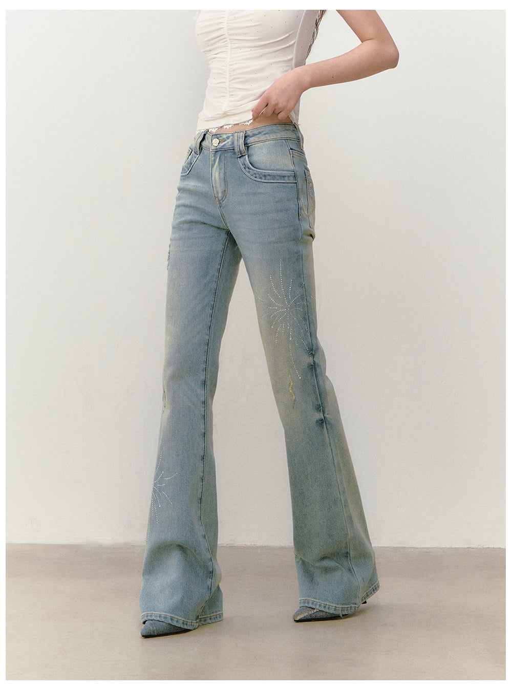 VIAPITTI - Rhinestone Firework Flare Jeans (White / Washed Blue)