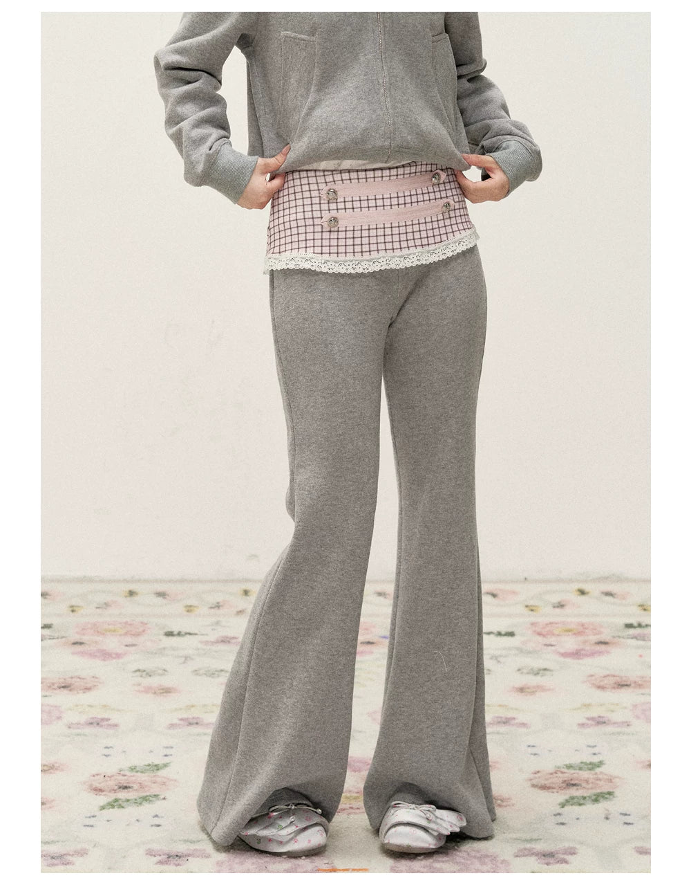 [RF] Soft Gingham Color-Block Hoodie and Flare Pants Set (Blue / Mauve)