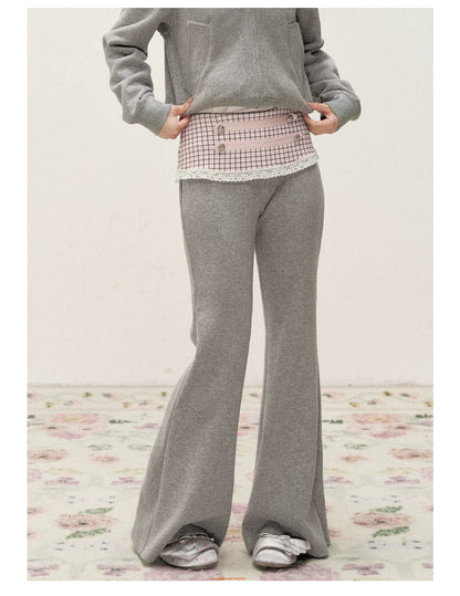 [RF] Soft Gingham Color-Block Hoodie and Flare Pants Set (Blue / Mauve)