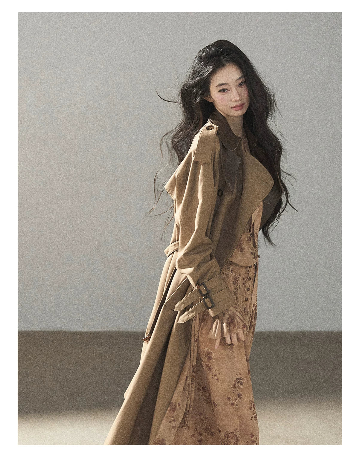 AOMALM - Chestnut Brown Long A-Line Trench Coat with Belt