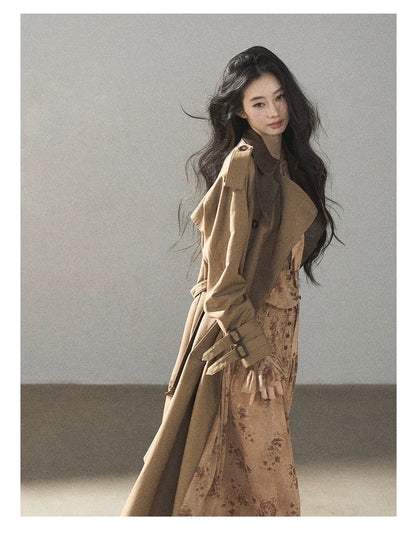 AOMALM - Chestnut Brown Long A-Line Trench Coat with Belt