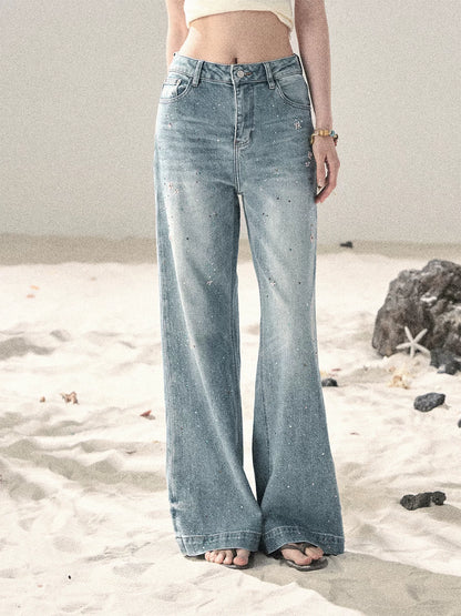 "Starlit River Shimmer" Distant Sky Blue Rhinestone Wide-Leg Jeans 65633