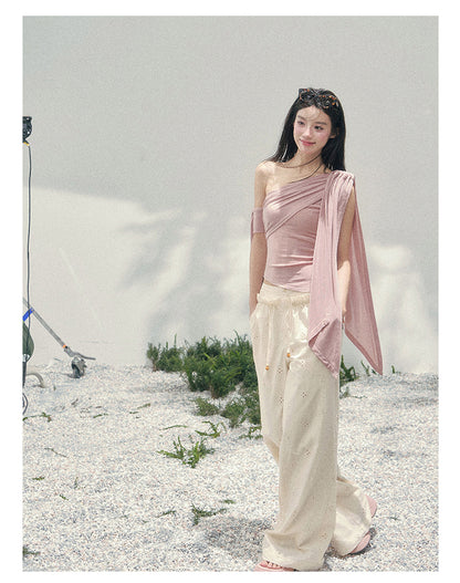 “Sunset Coral” Asymmetrical Ribbon Sleeve Crop Top
