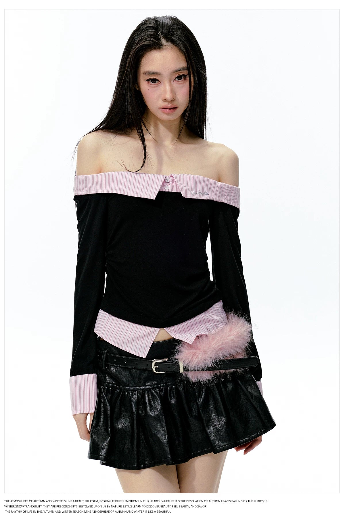 JN's DESIGN - Black & Pink Off-Shoulder Ruched Waist Top with Rhinestone Logo