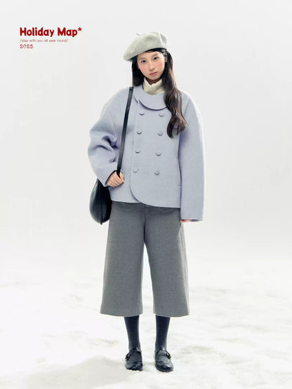 "Rose Manifesto" Frosted Blue Double-Breasted Quilted Wool-Blend Peacoat