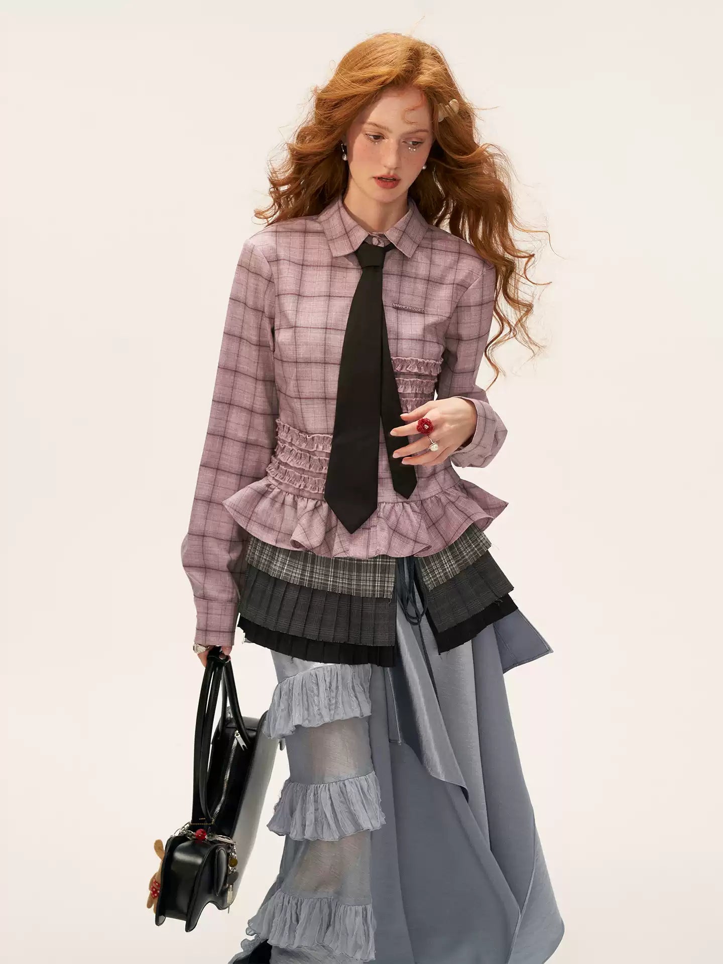 MAMC - Pink Ruffle Hem Plaid Striped Shirt