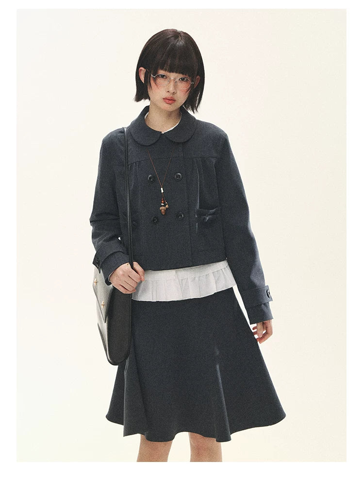 "First Day of Spring" Charcoal Gray Bow Blazer & Asymmetrical Skirt Set