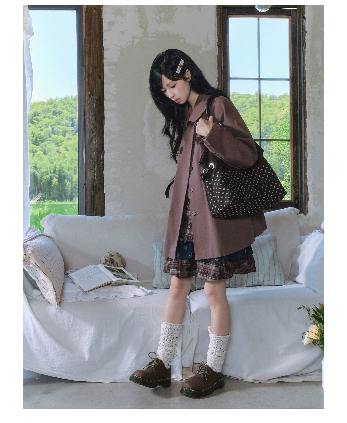 "Sage Whisper" Layered Trench Collection (Round Collar Coat / Knit Top / Polka Dot Cami / Plaid Skirt)