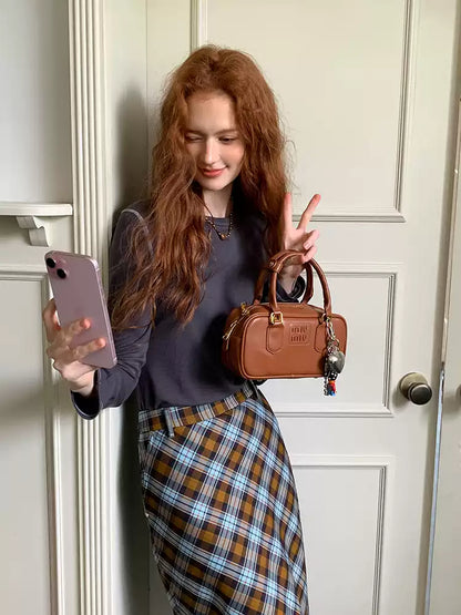 Caramel Brown Plaid Maxi Skirt