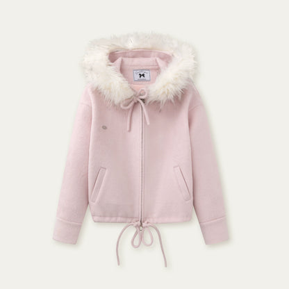 SunsetPark - "Warm Winter Days" Faux Fur Collar Wool-Blend Top Coat (Gray / Pink)