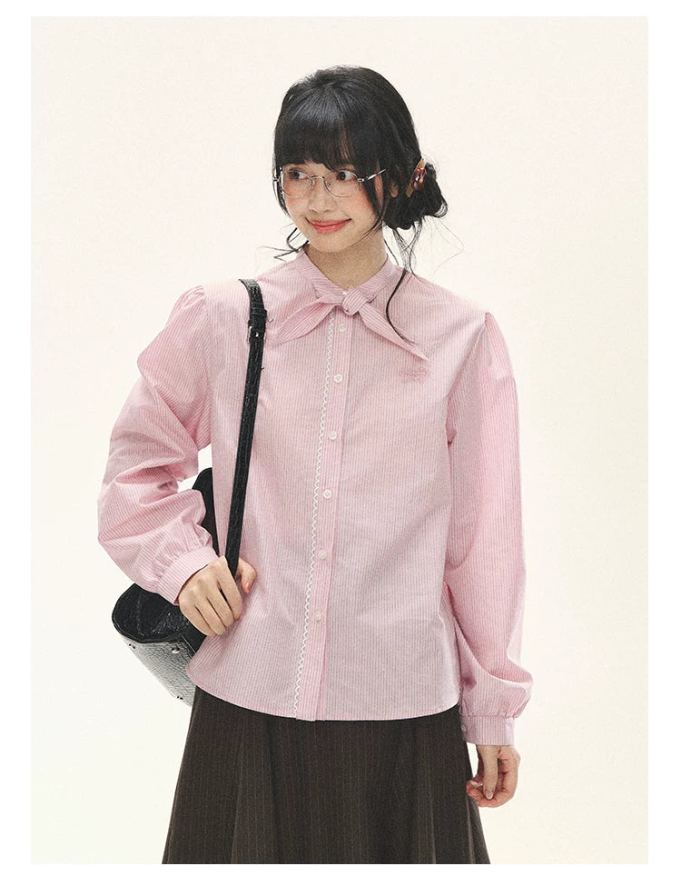 "Blush Poetry" Pink Stripe Cotton Bow Blouse