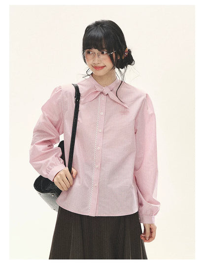 "Blush Poetry" Pink Stripe Cotton Bow Blouse