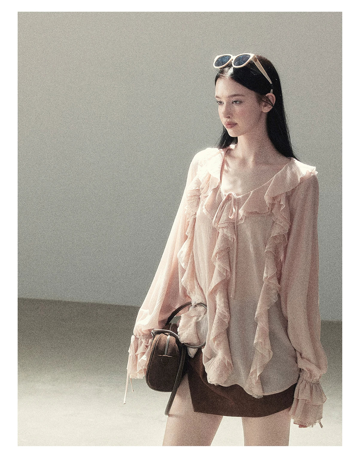 AOMALM - "A Featherlight Touch" French Camellia White Lace Chiffon Top with Belt (Camellia / Oatmeal / Cinnamon Pink)
