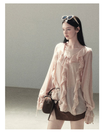 AOMALM - "A Featherlight Touch" French Camellia White Lace Chiffon Top with Belt (Camellia / Oatmeal / Cinnamon Pink)
