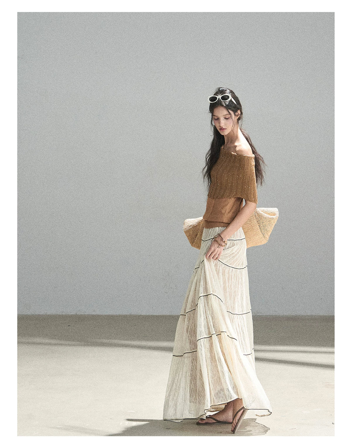 "Mist Through the Woods" Creamy Apricot White Lace Maxi A-Line Skirt
