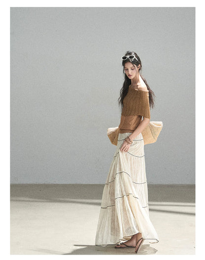 "Mist Through the Woods" Creamy Apricot White Lace Maxi A-Line Skirt