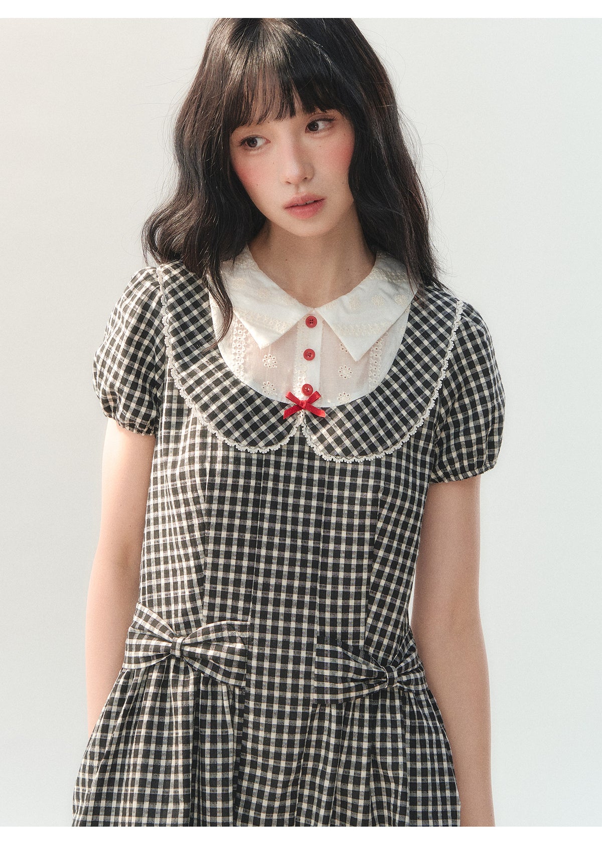 [CAN] "Black Cherry Check" Black Bow Doll Collar Dress