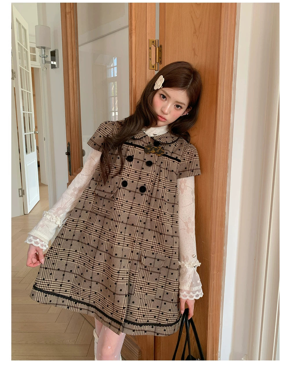 “Hazel Rococo Reverie” Khaki Plaid Polka Dot Dress
