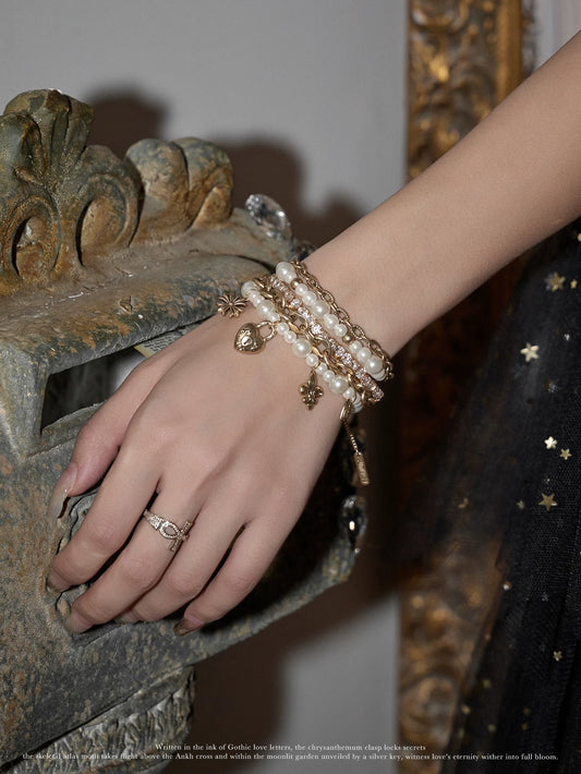 Layered Pearl Heart Charm Bracelet – Vintage Lock Heart Multi-Strand Beaded Bracelet for Women
