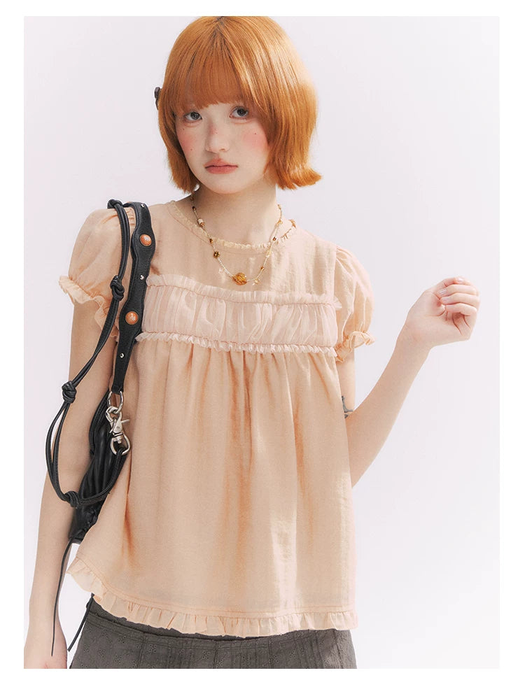 “Orange Soda” Seashell Orange Mesh Panel Puff Sleeve Top