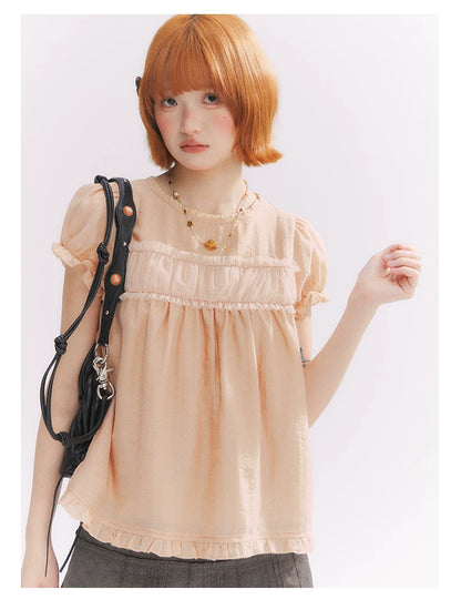 “Orange Soda” Seashell Orange Mesh Panel Puff Sleeve Top