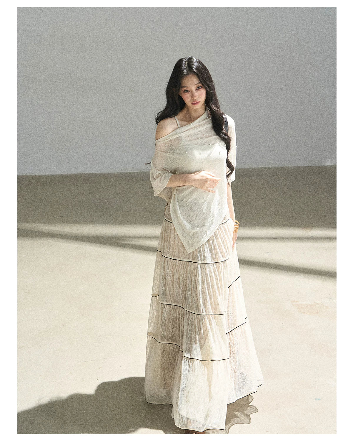 "Mist Through the Woods" Creamy Apricot White Lace Maxi A-Line Skirt