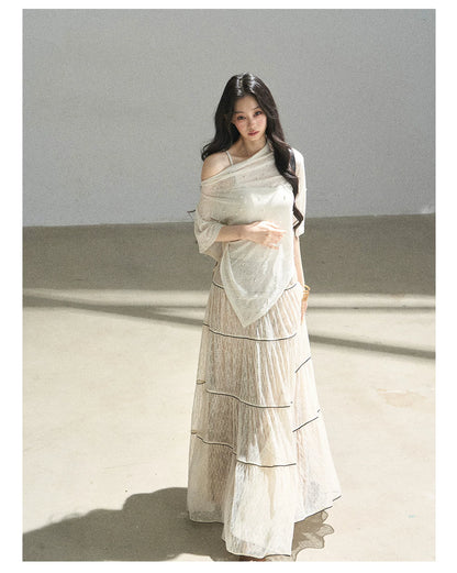 "Mist Through the Woods" Creamy Apricot White Lace Maxi A-Line Skirt