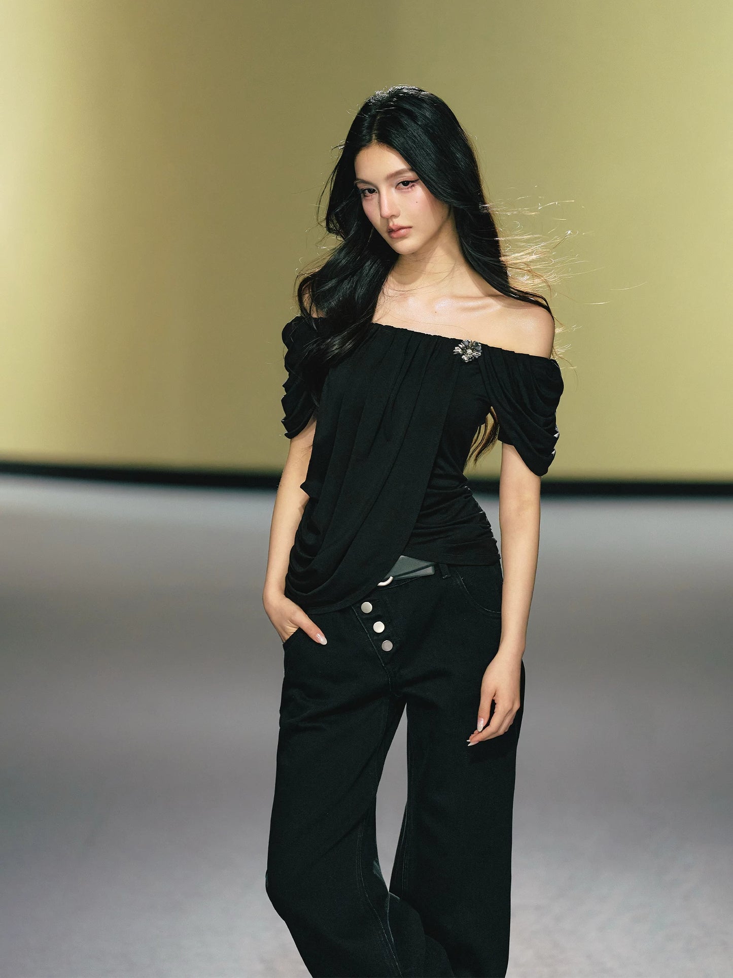 "Midnight Bloom" Black Lyocell Off-Shoulder Ruched Top
