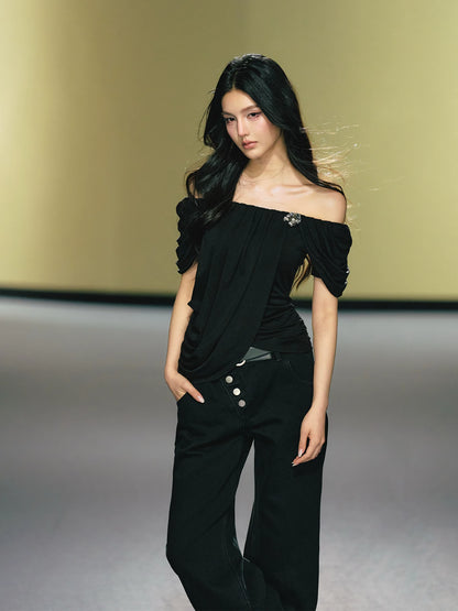 "Midnight Bloom" Black Lyocell Off-Shoulder Ruched Top