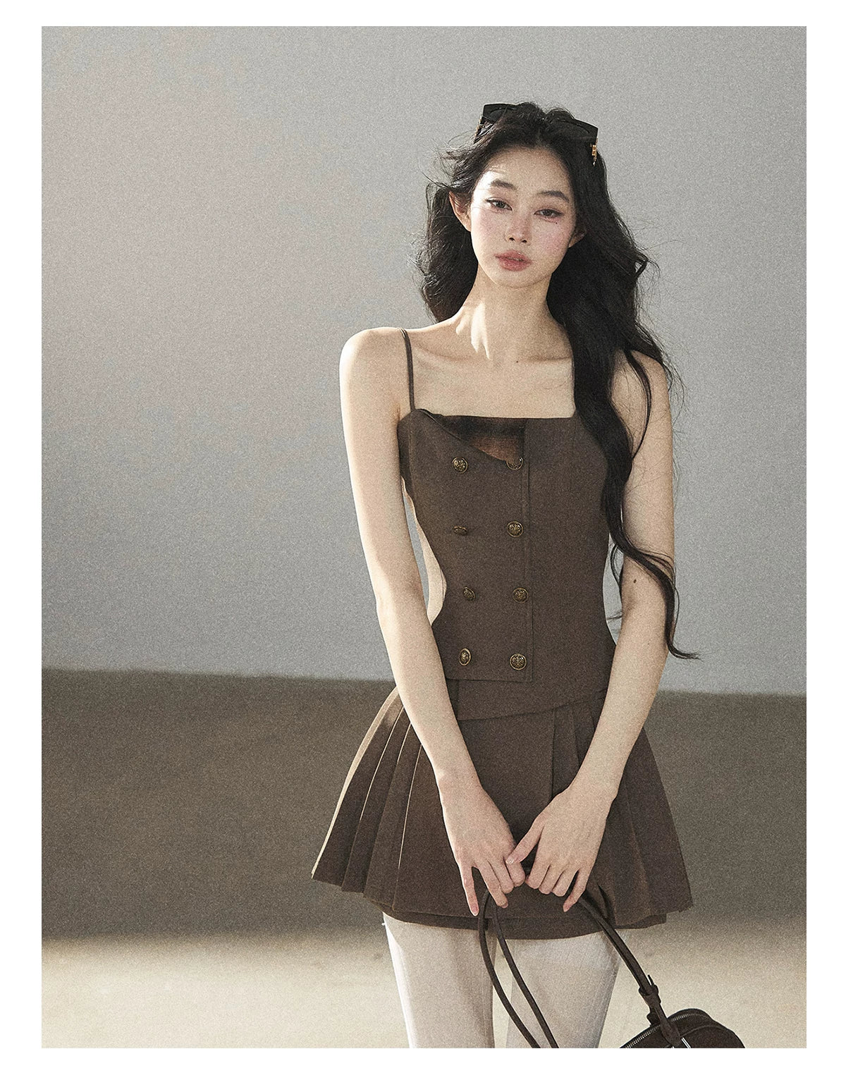 AOMALM - “Evening Breeze in the Valley” Chestnut Brown Blazer, Cami & Pleated Skort Set