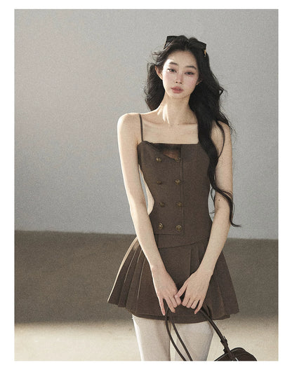 AOMALM - “Evening Breeze in the Valley” Chestnut Brown Blazer, Cami & Pleated Skort Set