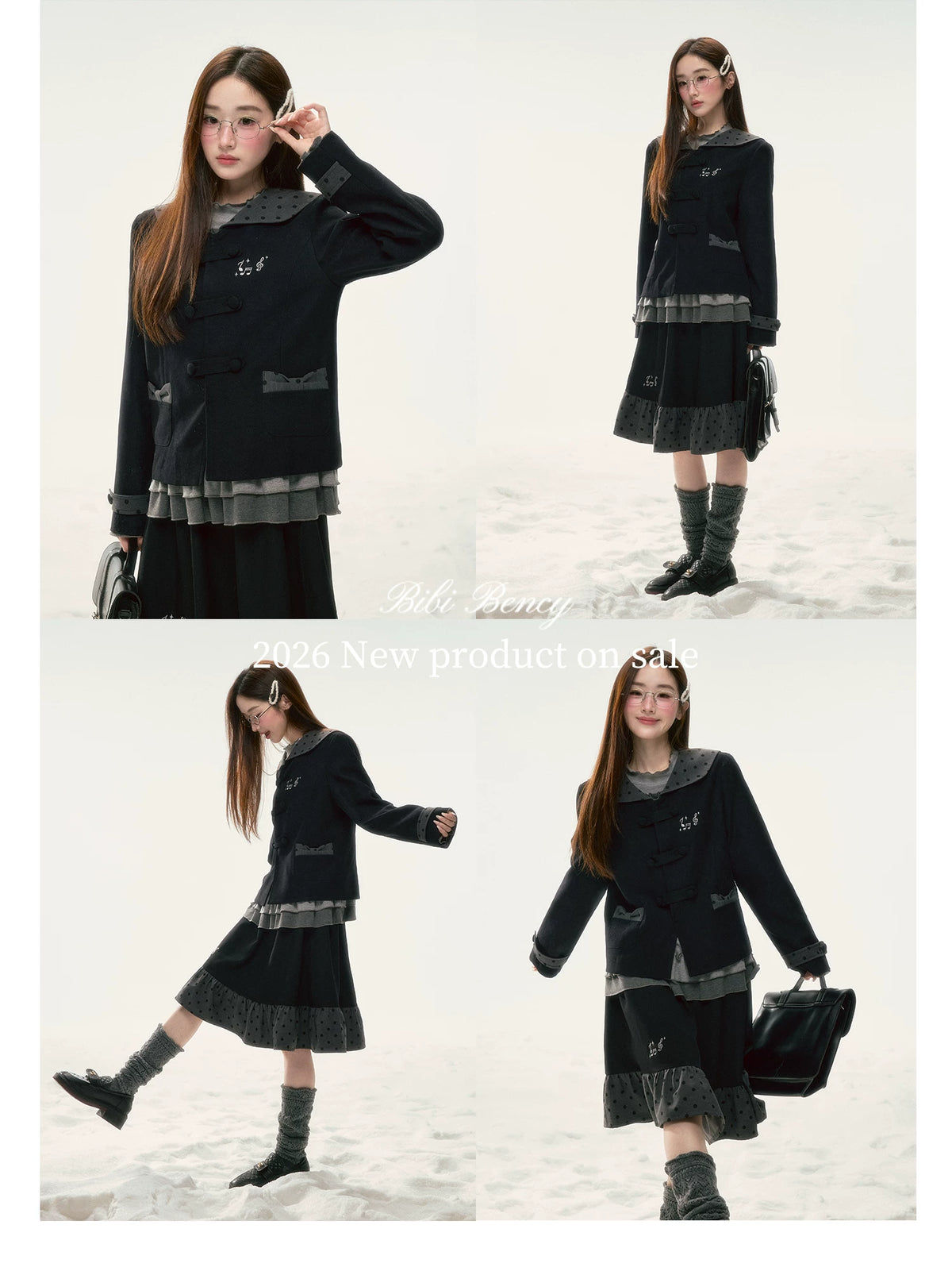 BIBIBENCY - Black Preppy Double-Breasted Cropped Jacket & Skirt