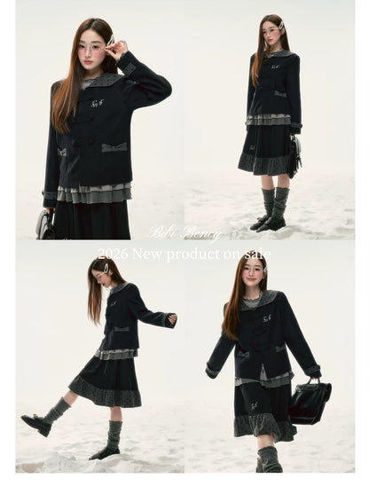 BIBIBENCY - Black Preppy Double-Breasted Cropped Jacket & Skirt