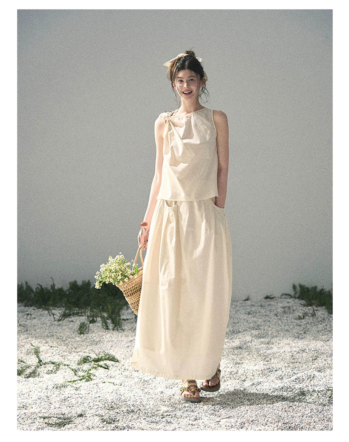 “Ivory Pleated Verse” Soft White Asymmetrical Twist Top & Skirt