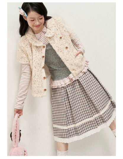 [RF] Cream Beige & Chestnut Speckle Plush Short-Sleeve Vest Jacket with Peter Pan Collar