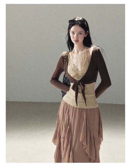 AOMALM - "Tender in This Moment" Rich Cocoa Faux Two-Piece Lace Top