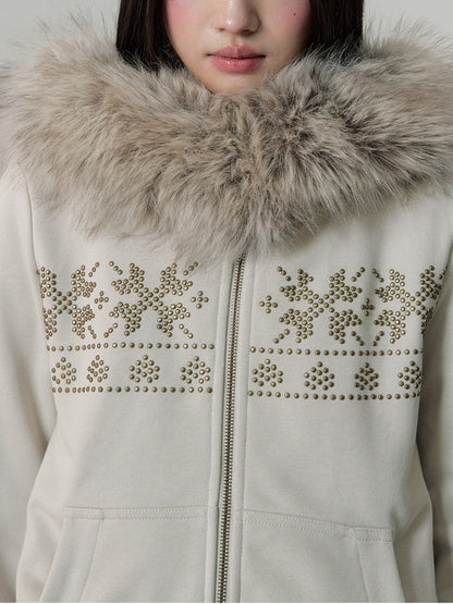 Soote Season - Oat Gray Studded Faux Fur Hoodie Jacket with Fur Collar