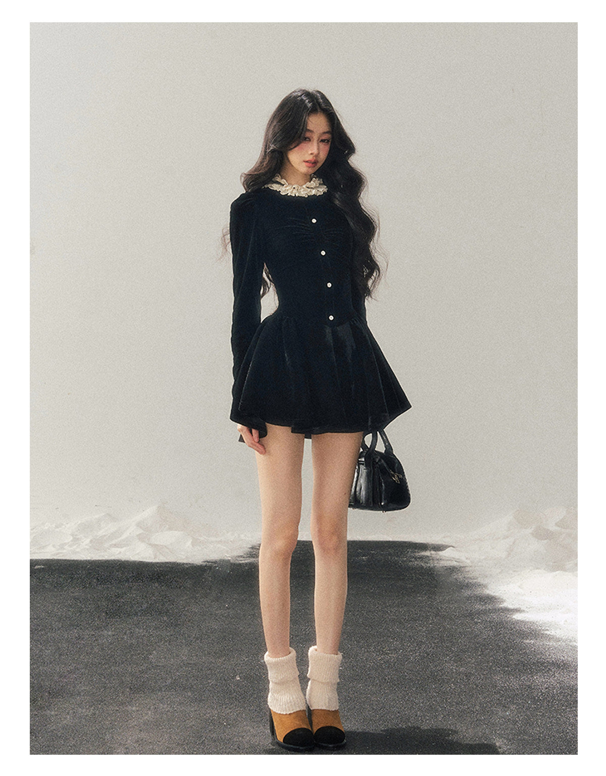 040126 "The Bladette Heiress" French Lace-Trim Velvet Mini Dress