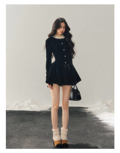 040126 "The Bladette Heiress" French Lace-Trim Velvet Mini Dress