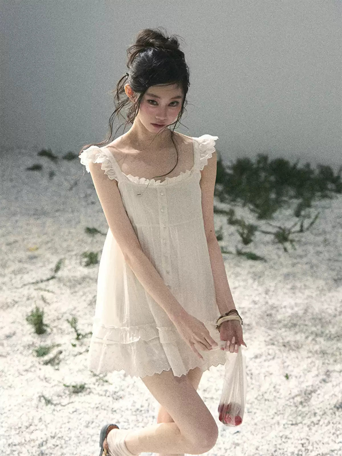 "Shimmer Along the Hem" Cloud White Lace Flutter Sleeve Babydoll Mini Dress 53413