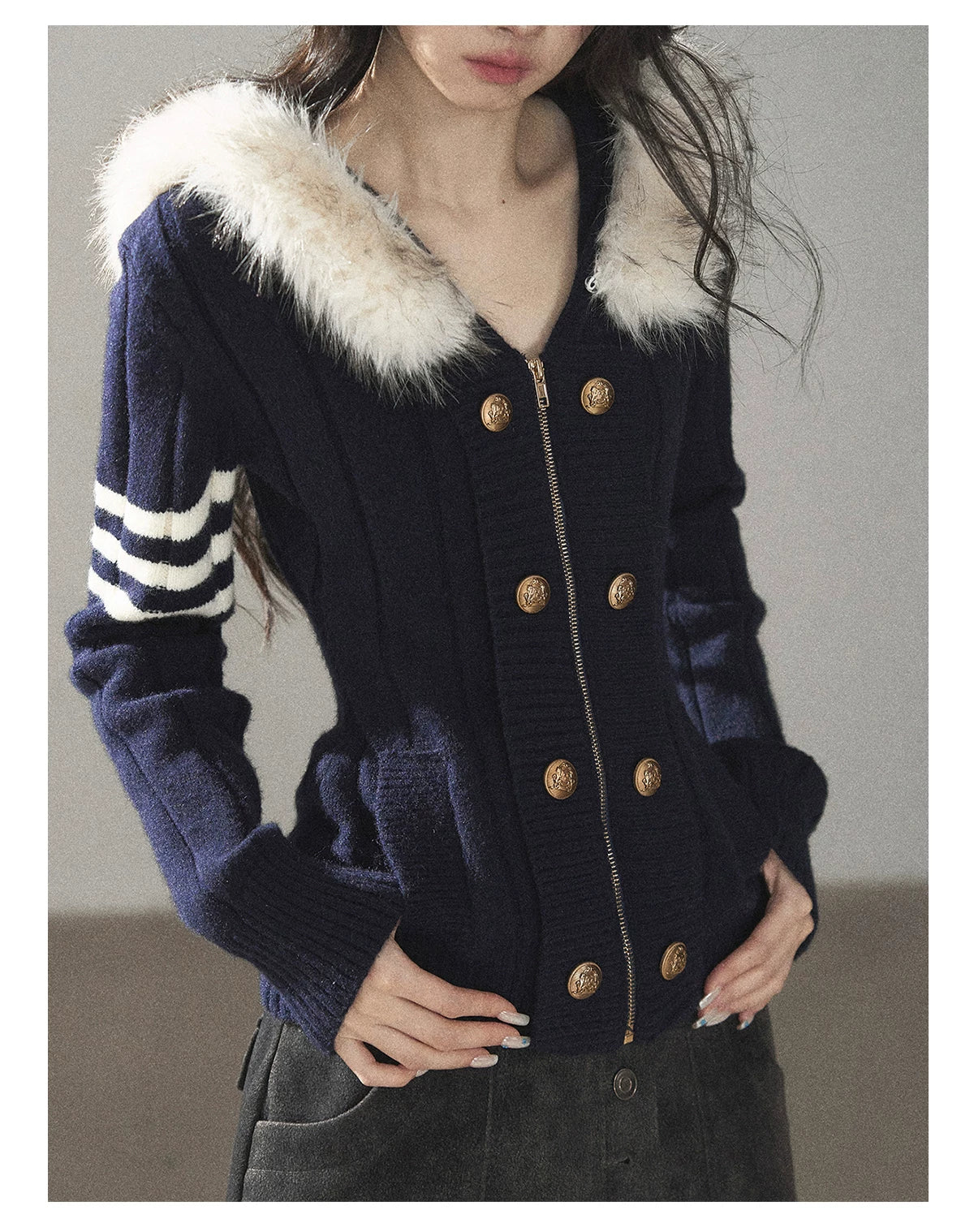 AOMALM - Blue Hooded Cable-Knit Sweater Jacket with White Stripes