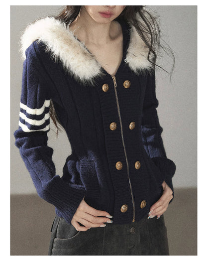 AOMALM - Blue Hooded Cable-Knit Sweater Jacket with White Stripes