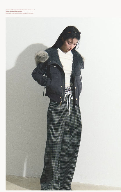 OAKMOO/ "Energy & Freedom" Mocha Gray Fur-Collar Cropped Hoodie Jacket