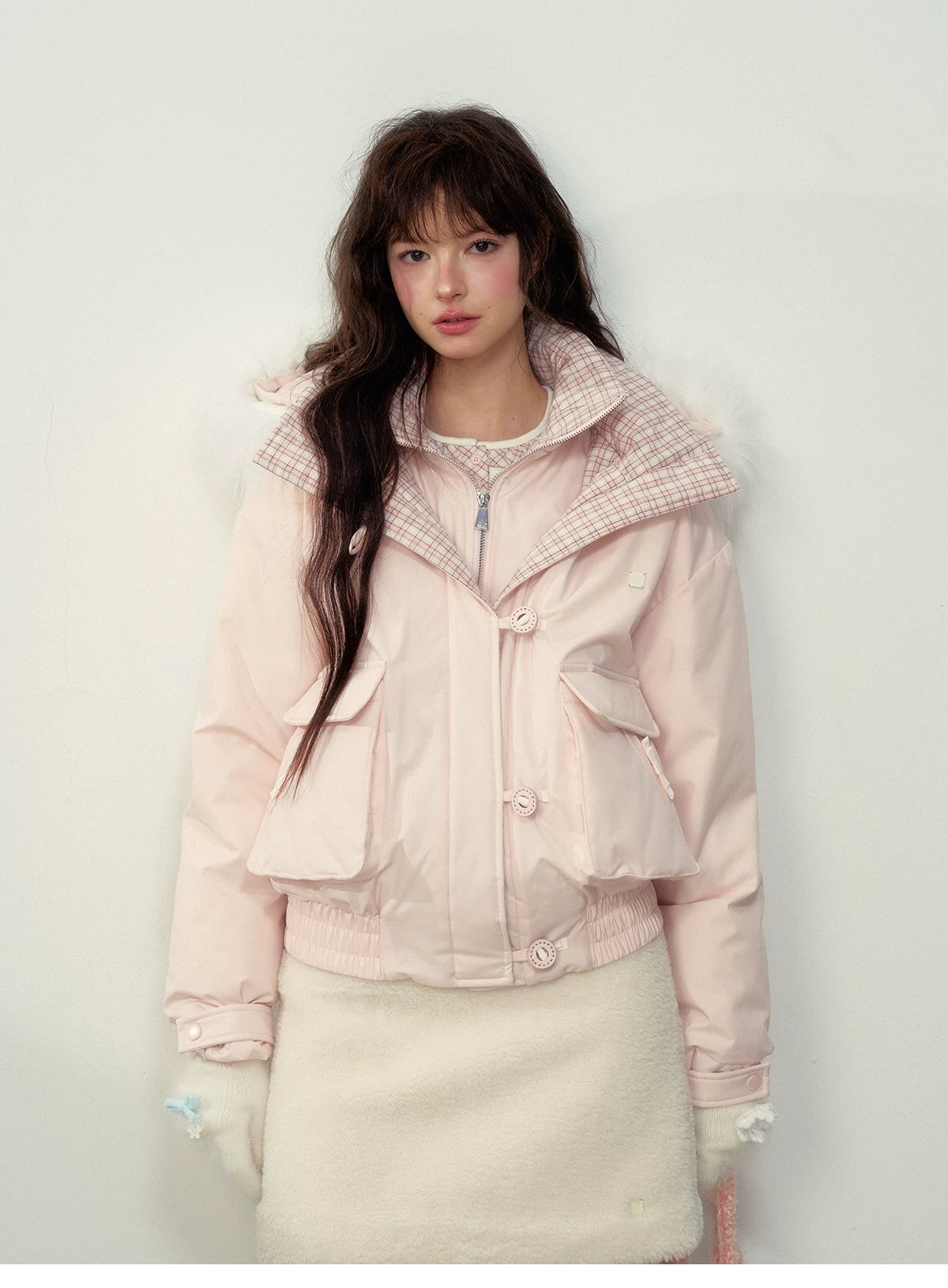SunsetPark - Blush Pink & Plaid 90% White Duck Down Puffer Jacket (Short / Long / Navy / Glacier Blue)