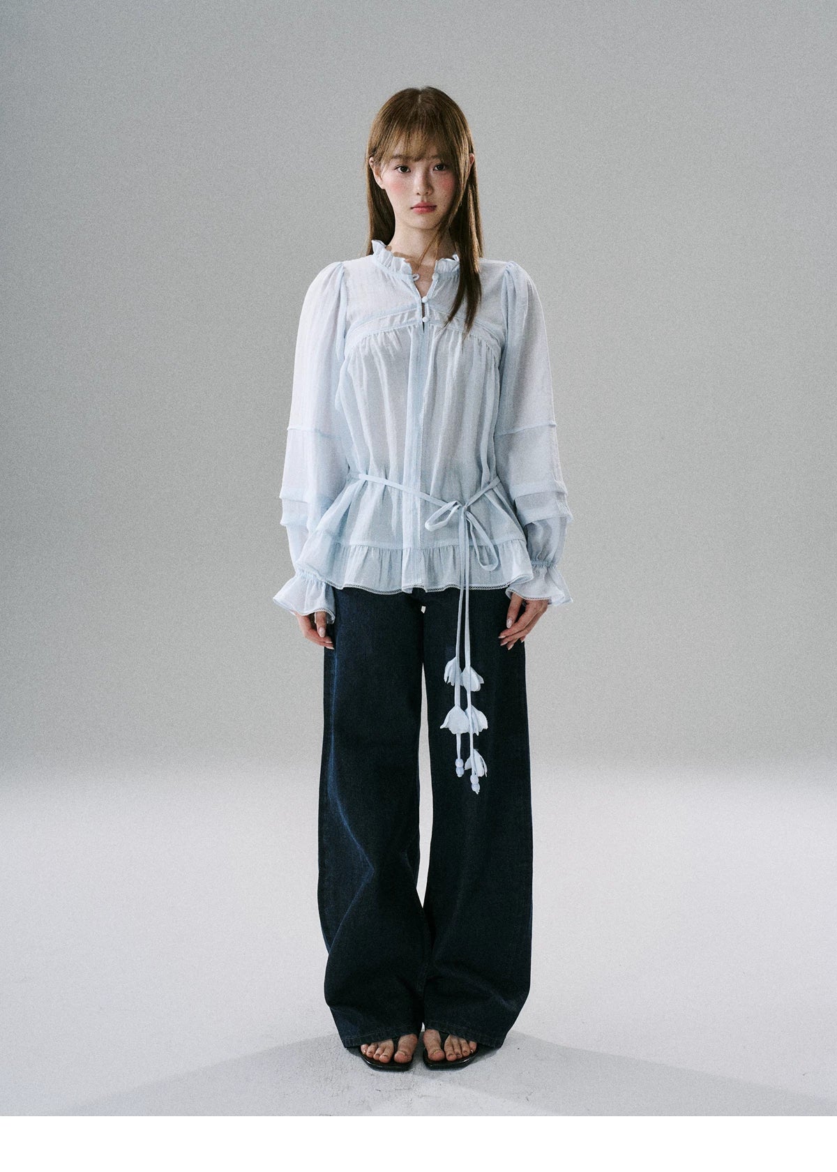LOST FOREST - Acetate Flower Belt Detail Relaxed Top (White / Blue)