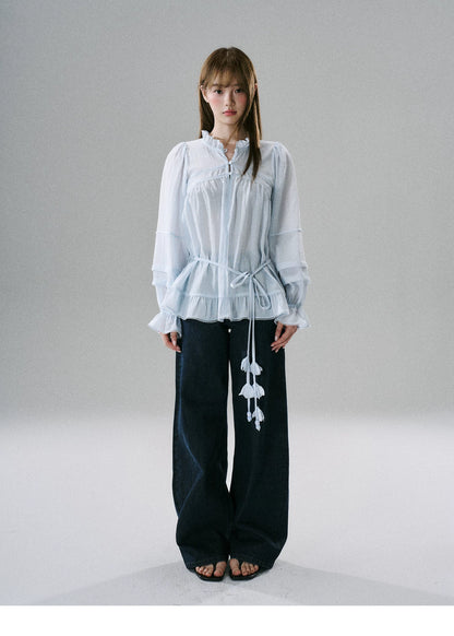 LOST FOREST - Acetate Flower Belt Detail Relaxed Top (White / Blue)