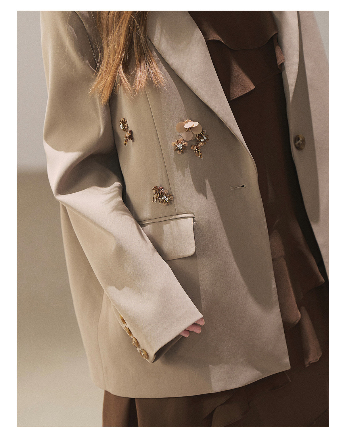 170726 "Your Open Meadow" Taupe Gray Floral Embellished Oversized Blazer