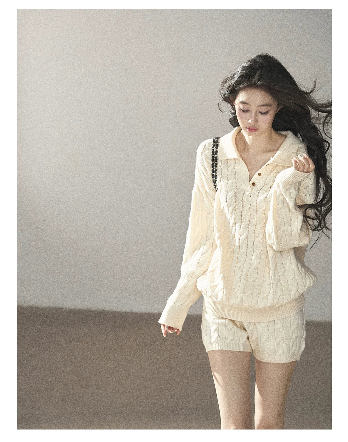 AOMALM - Dutch Cream Cable Knit Sweater & Shorts Set with Shawl